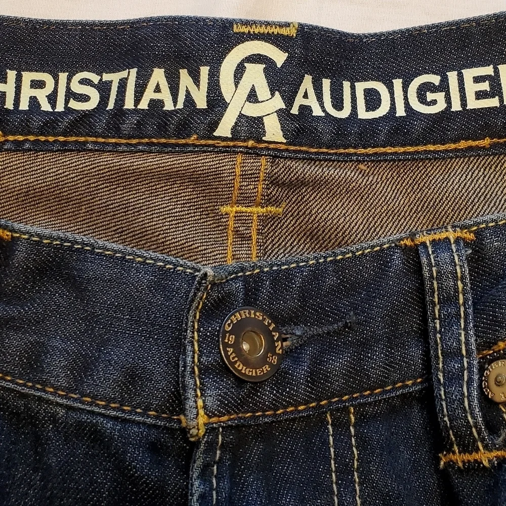 Christian Audigier Denim Blue Jeans Straight Leg Mens Size 32x32 Dark Vtg Wash